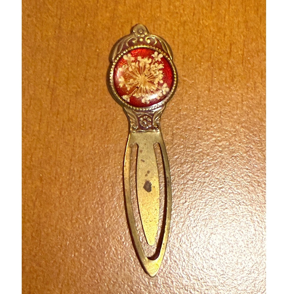 Vintage Brass Pressed Flower Bookmark Queen Annes Lace Red Resin Victorian Style